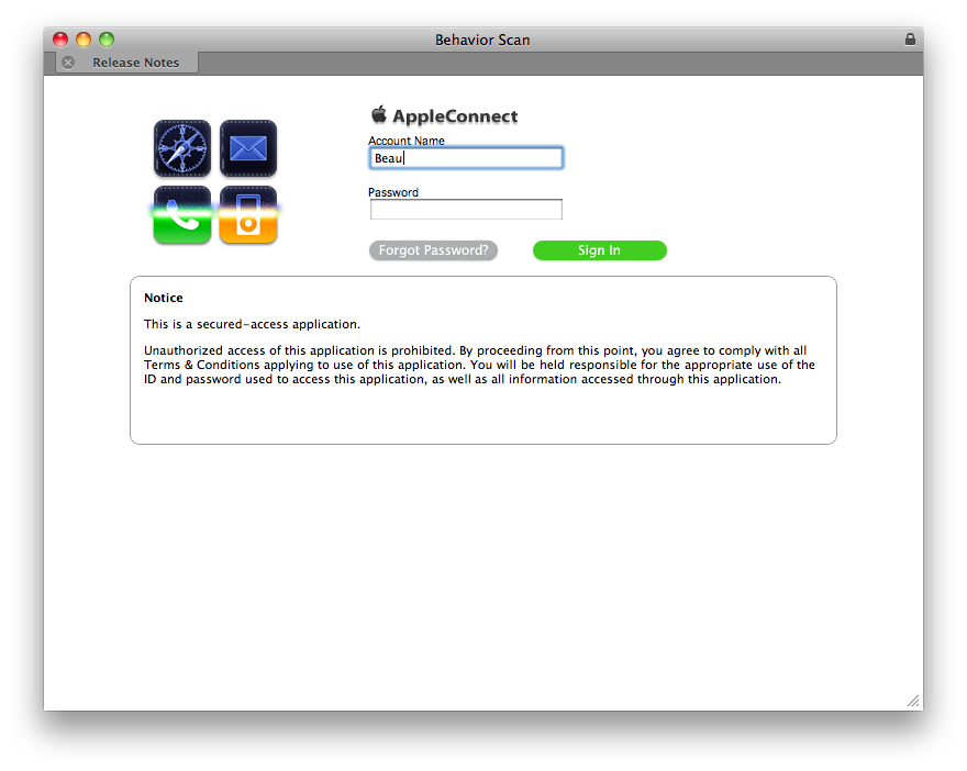 A screenshot of the login screen for Behavior Scan.app