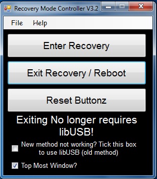 Recovery Mode Controller Main Window